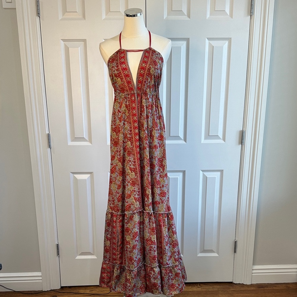 Zury Halter Backless 70% SILK Blend Paisley Boho Vacation Maxi Dress Free Size